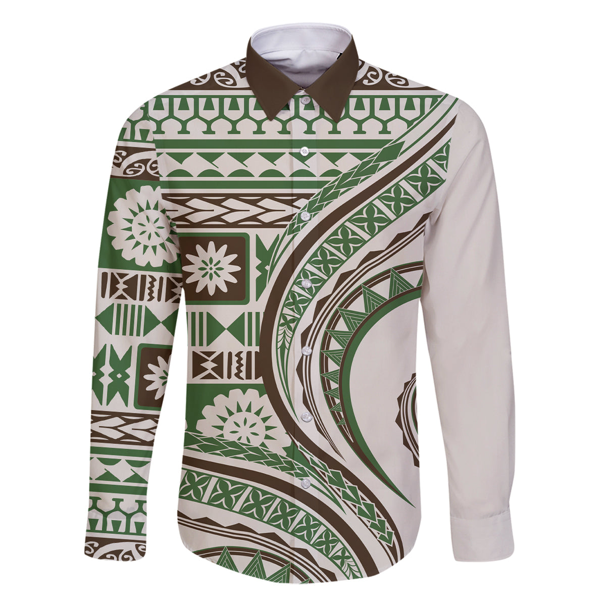 Hawaiian Hibiscus Tribal Vintage Motif Family Matching Tank Maxi Dress and Hawaiian Shirt Ver 7 LT9 Dad's Shirt - Long Sleeve Green - Polynesian Pride