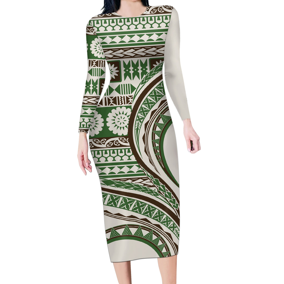 Hawaiian Hibiscus Tribal Vintage Motif Long Sleeve Bodycon Dress Ver 7 LT9 Long Dress Green - Polynesian Pride