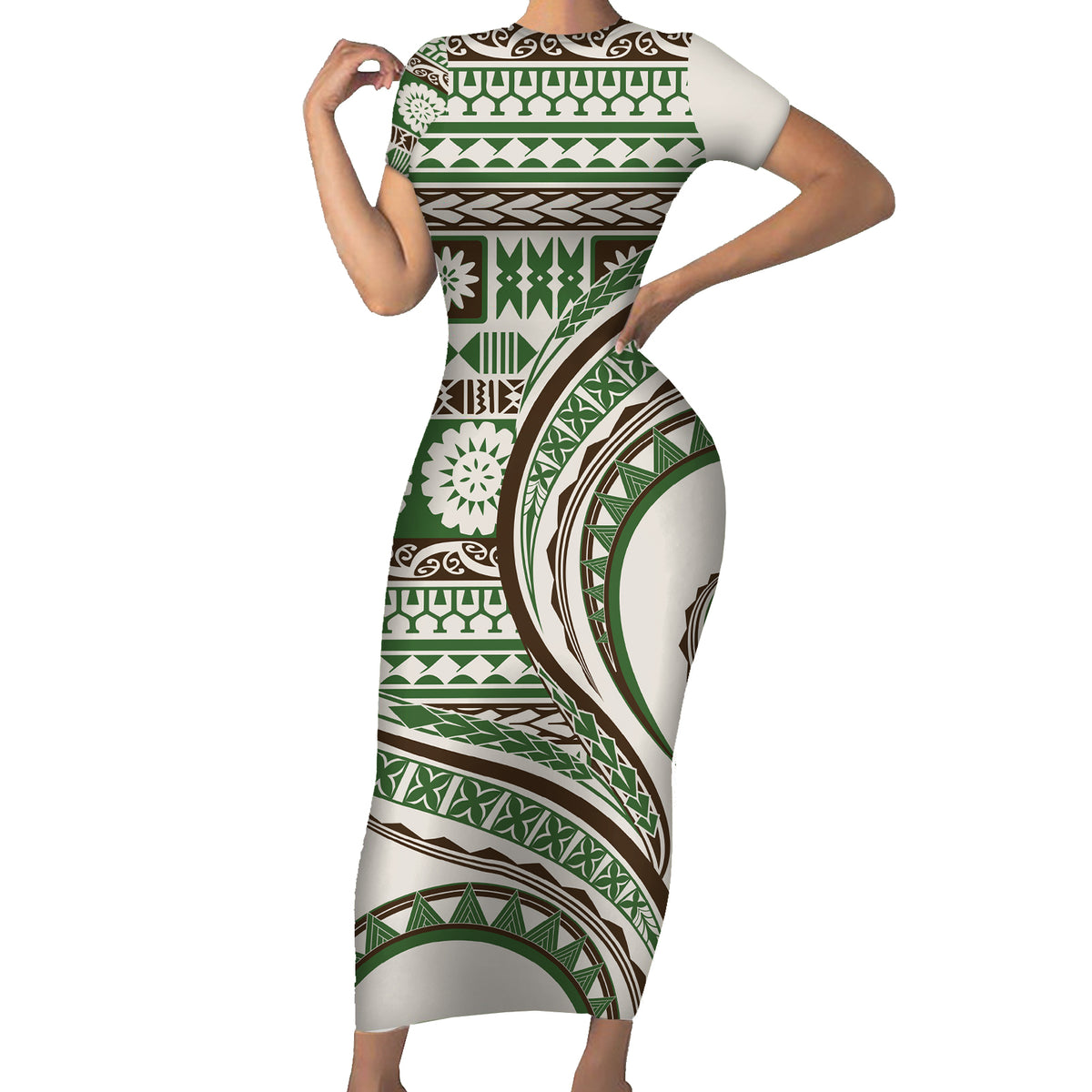 Hawaiian Hibiscus Tribal Vintage Motif Short Sleeve Bodycon Dress Ver 7 LT9 Long Dress Green - Polynesian Pride