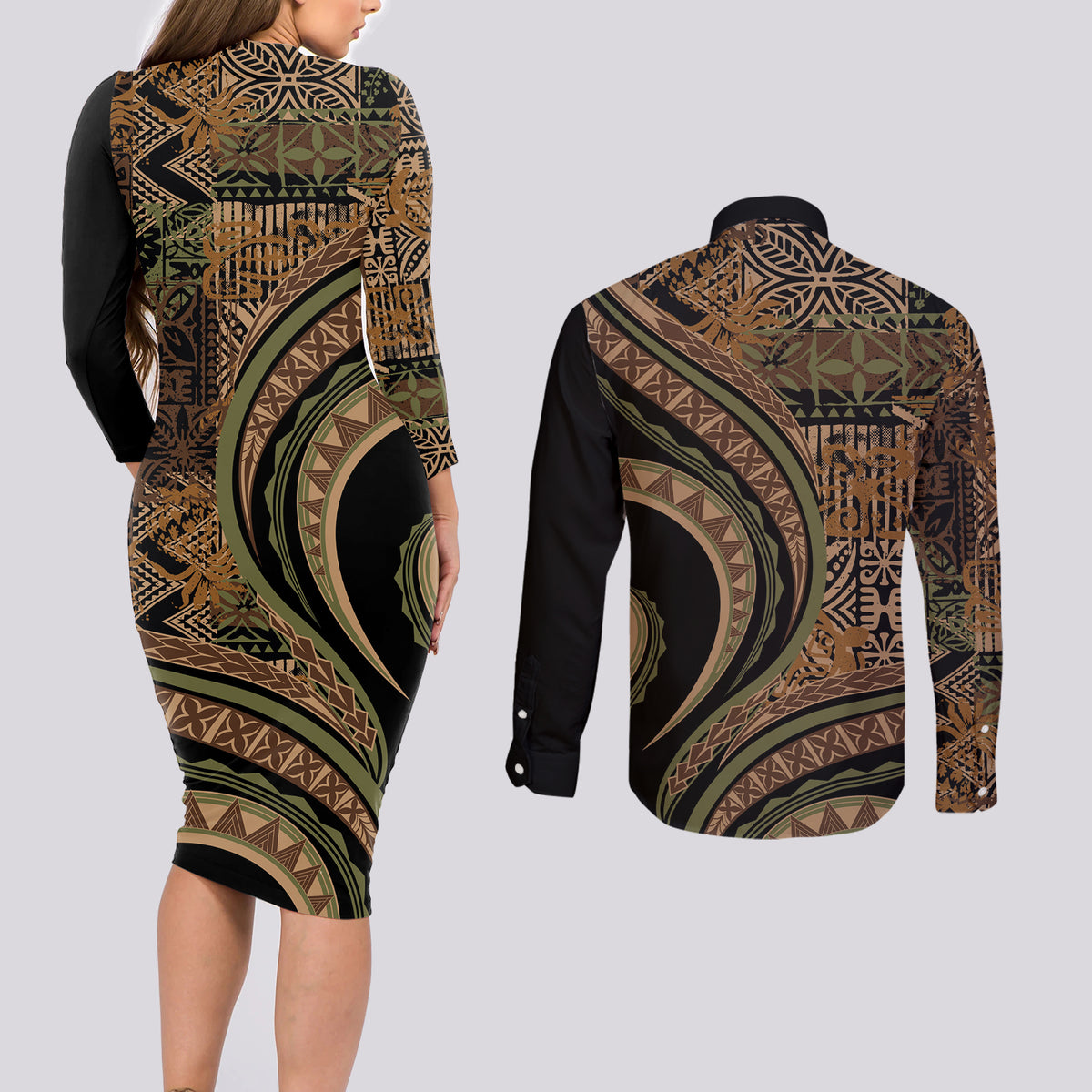 Hawaiian Hibiscus Tribal Vintage Motif Couples Matching Long Sleeve Bodycon Dress and Long Sleeve Button Shirt Ver 8 LT9 - Polynesian Pride