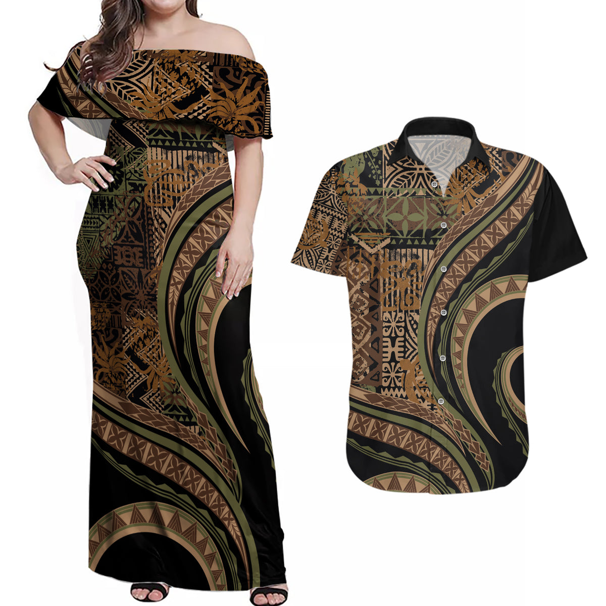 Hawaiian Hibiscus Tribal Vintage Motif Couples Matching Off Shoulder Maxi Dress and Hawaiian Shirt Ver 8 LT9 Brown - Polynesian Pride
