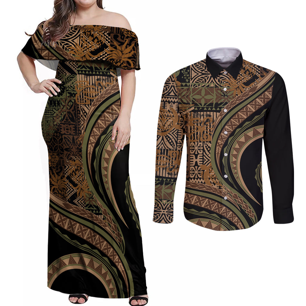 Hawaiian Hibiscus Tribal Vintage Motif Couples Matching Off Shoulder Maxi Dress and Long Sleeve Button Shirt Ver 8 LT9 Brown - Polynesian Pride
