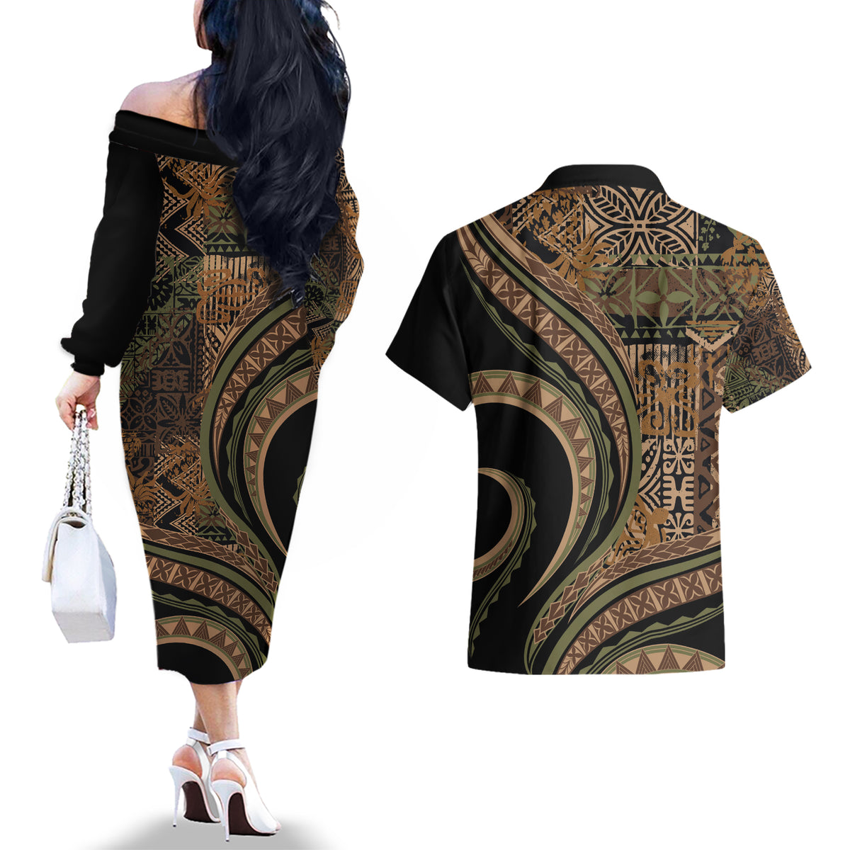 Hawaiian Hibiscus Tribal Vintage Motif Couples Matching Off The Shoulder Long Sleeve Dress and Hawaiian Shirt Ver 8 LT9 - Polynesian Pride