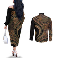 Hawaiian Hibiscus Tribal Vintage Motif Couples Matching Off The Shoulder Long Sleeve Dress and Long Sleeve Button Shirt Ver 8 LT9 - Polynesian Pride