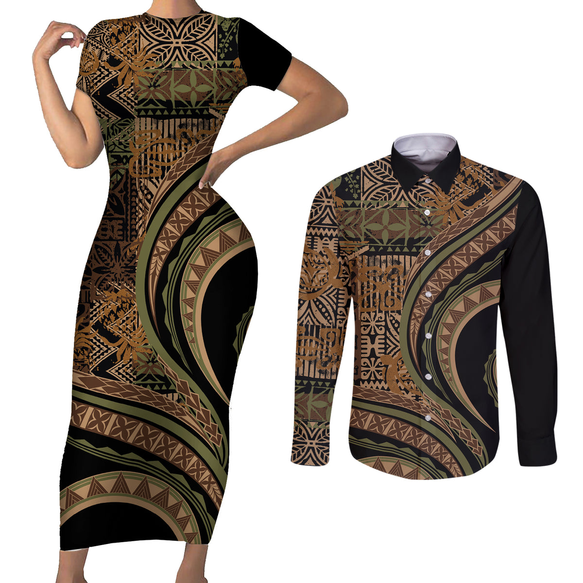 Hawaiian Hibiscus Tribal Vintage Motif Couples Matching Short Sleeve Bodycon Dress and Long Sleeve Button Shirt Ver 8 LT9 Brown - Polynesian Pride