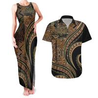 Hawaiian Hibiscus Tribal Vintage Motif Couples Matching Tank Maxi Dress and Hawaiian Shirt Ver 8 LT9 Brown - Polynesian Pride