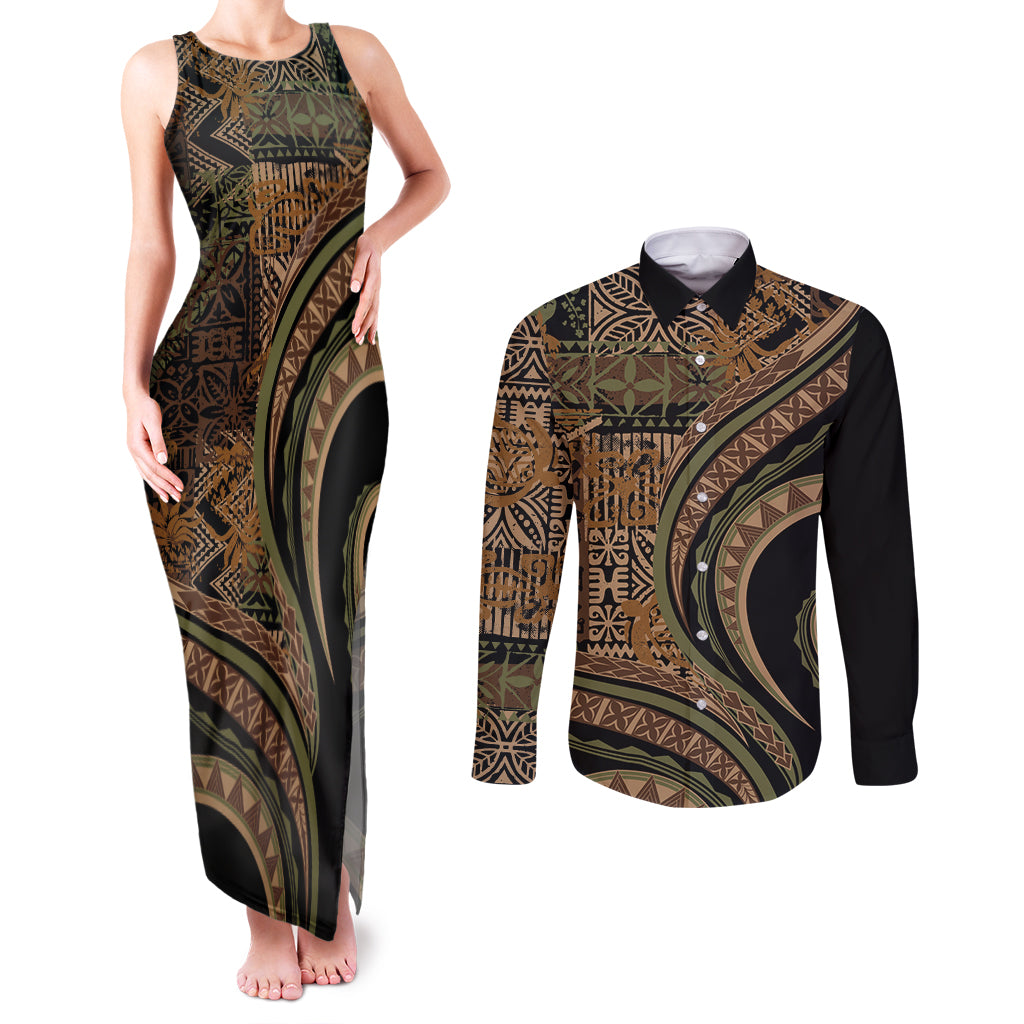 Hawaiian Hibiscus Tribal Vintage Motif Couples Matching Tank Maxi Dress and Long Sleeve Button Shirt Ver 8 LT9 Brown - Polynesian Pride