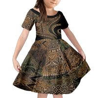 Hawaiian Hibiscus Tribal Vintage Motif Family Matching Long Sleeve Bodycon Dress and Hawaiian Shirt Ver 8 LT9 Daughter's Dress Brown - Polynesian Pride