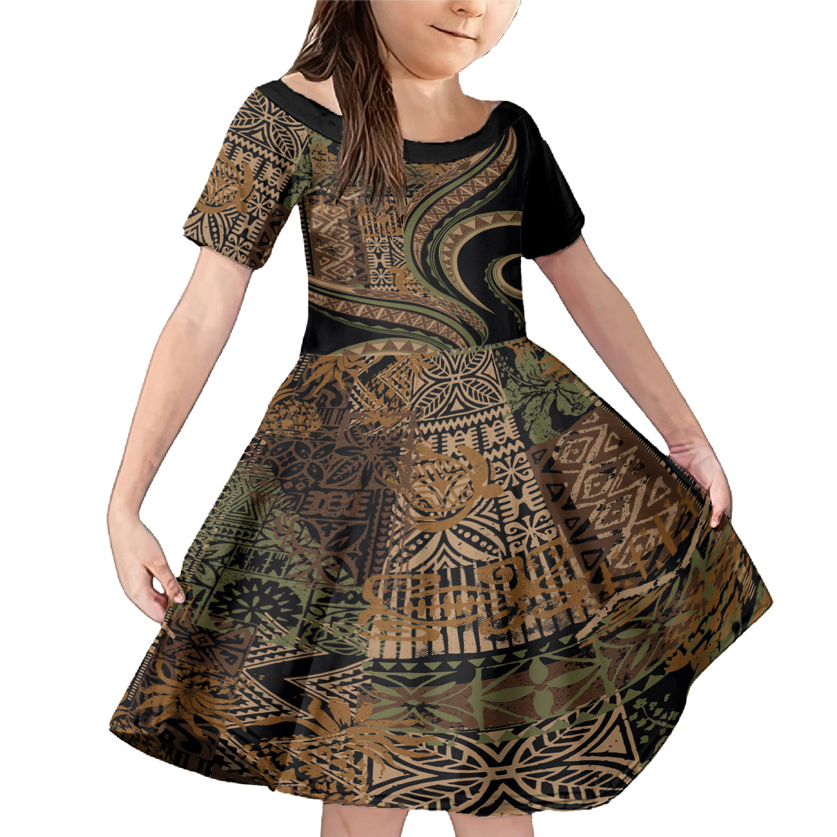Hawaiian Hibiscus Tribal Vintage Motif Family Matching Mermaid Dress and Hawaiian Shirt Ver 8 LT9 Daughter's Dress Brown - Polynesian Pride