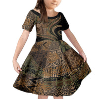 Hawaiian Hibiscus Tribal Vintage Motif Family Matching Mermaid Dress and Hawaiian Shirt Ver 8 LT9 Daughter's Dress Brown - Polynesian Pride