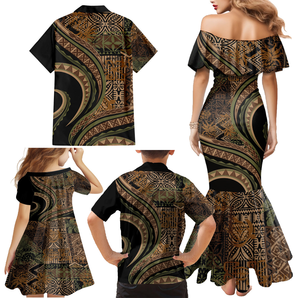 Hawaiian Hibiscus Tribal Vintage Motif Family Matching Mermaid Dress and Hawaiian Shirt Ver 8 LT9 - Polynesian Pride
