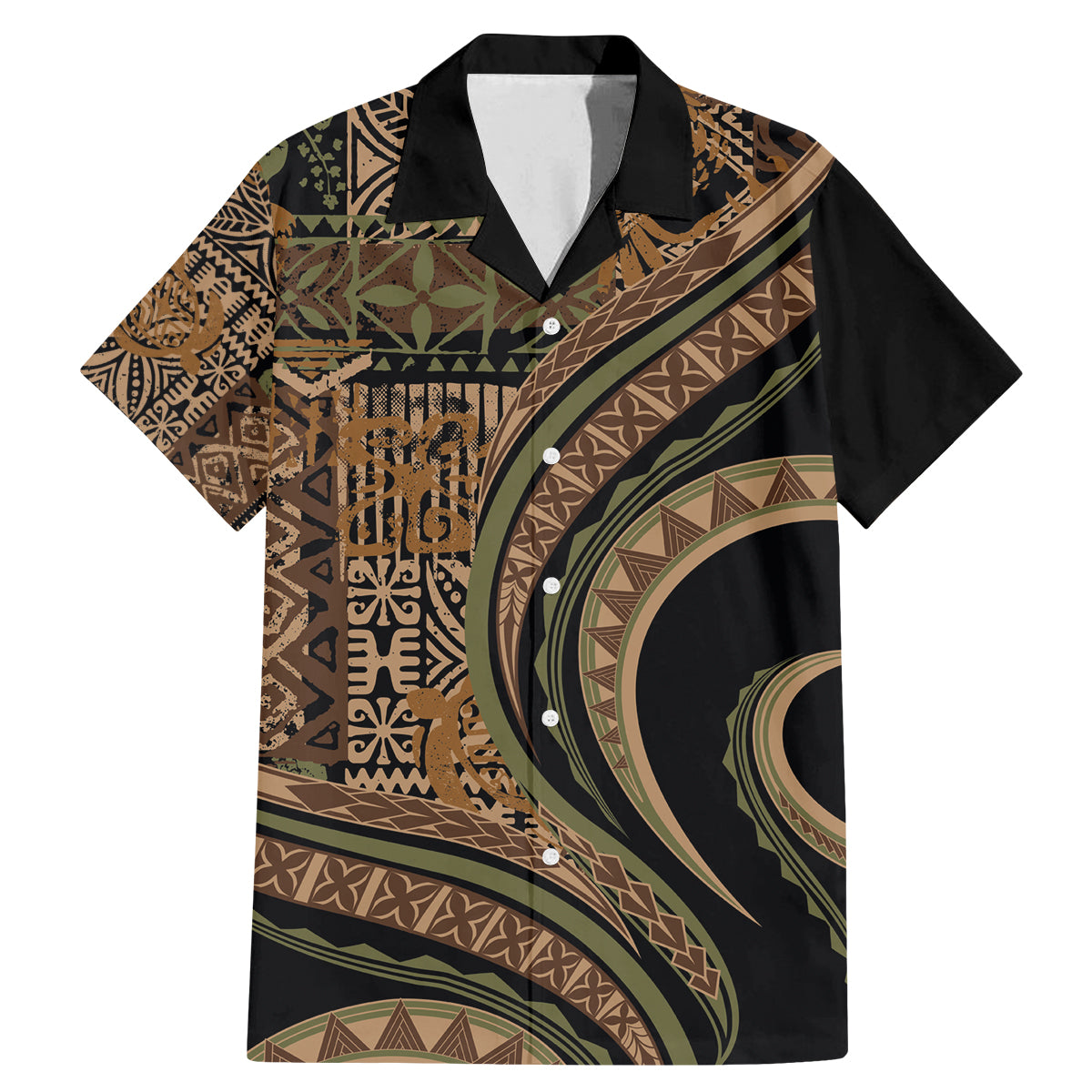 Hawaiian Hibiscus Tribal Vintage Motif Family Matching Mermaid Dress and Hawaiian Shirt Ver 8 LT9 Dad's Shirt - Short Sleeve Brown - Polynesian Pride