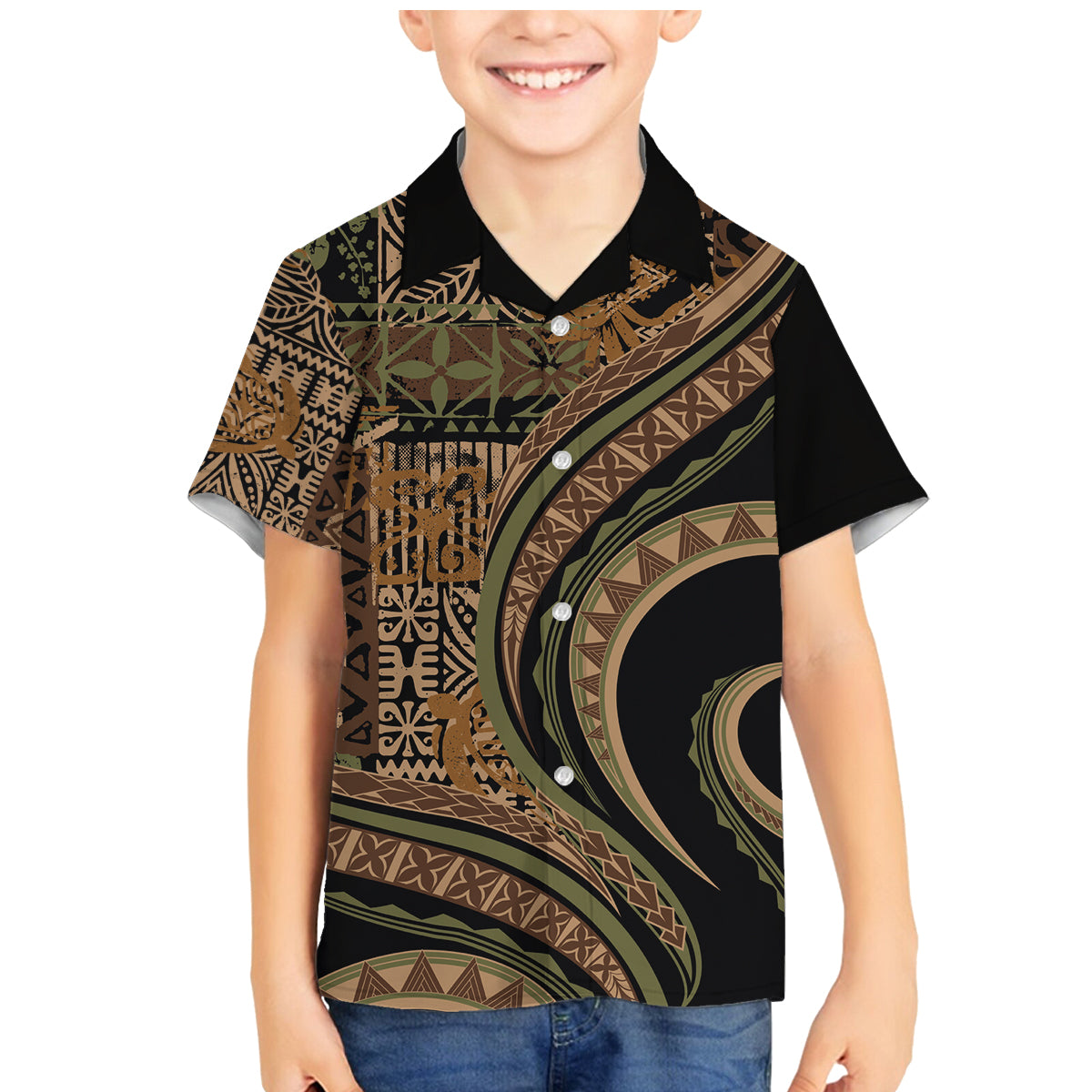 Hawaiian Hibiscus Tribal Vintage Motif Family Matching Mermaid Dress and Hawaiian Shirt Ver 8 LT9 Son's Shirt Brown - Polynesian Pride