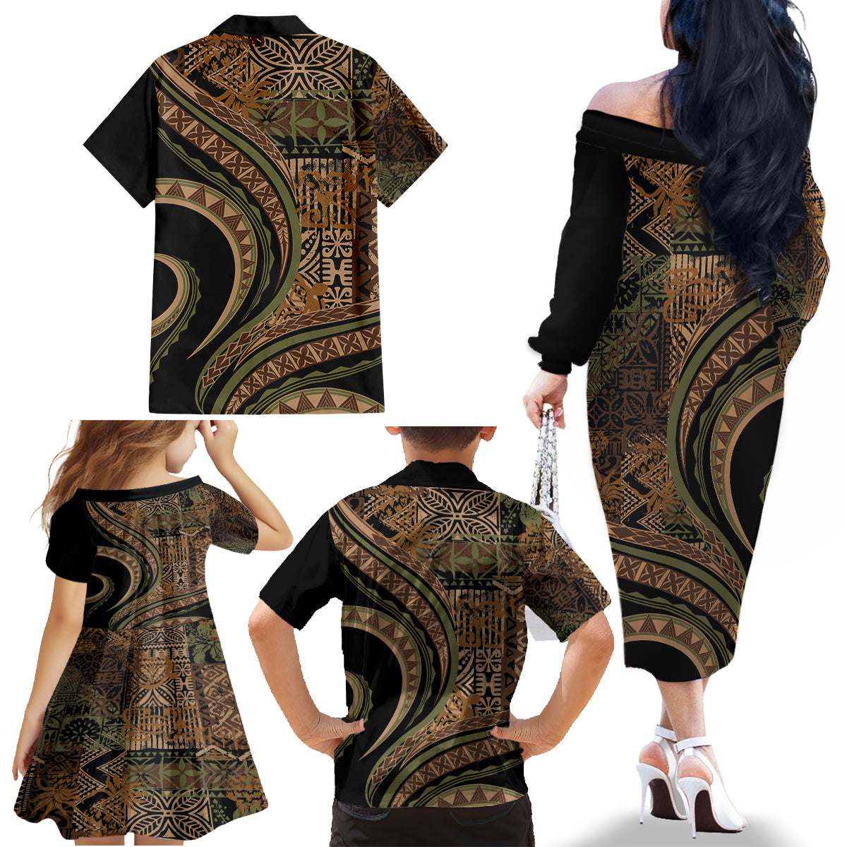 Hawaiian Hibiscus Tribal Vintage Motif Family Matching Off The Shoulder Long Sleeve Dress and Hawaiian Shirt Ver 8 LT9 - Polynesian Pride