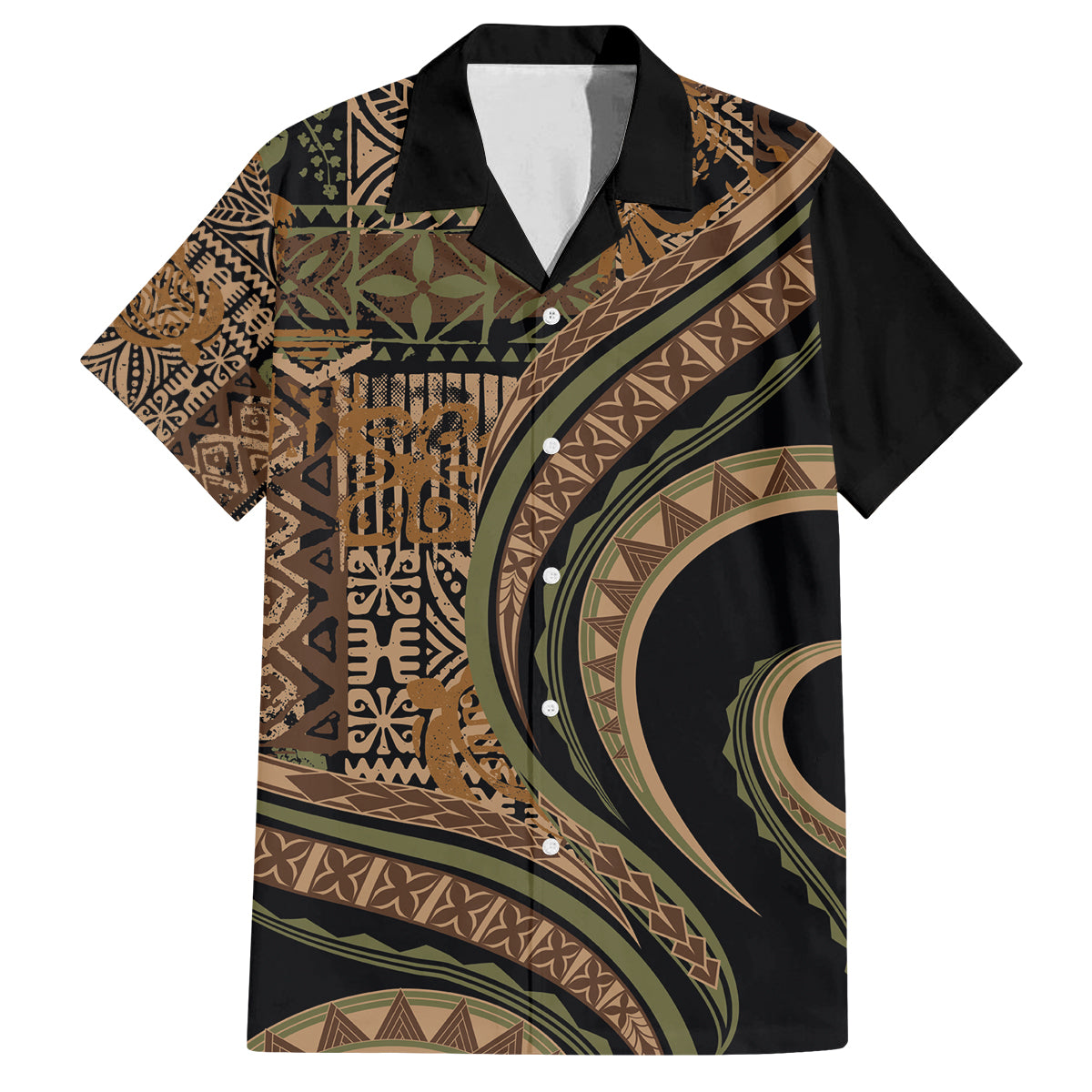 Hawaiian Hibiscus Tribal Vintage Motif Family Matching Off The Shoulder Long Sleeve Dress and Hawaiian Shirt Ver 8 LT9 Dad's Shirt - Short Sleeve Brown - Polynesian Pride