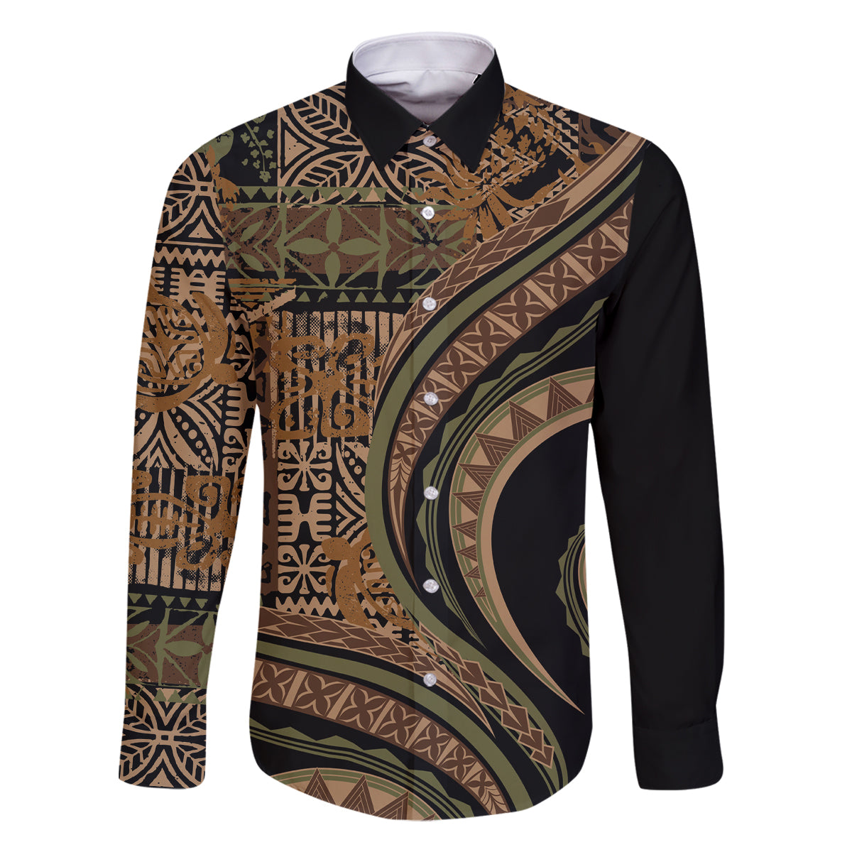 Hawaiian Hibiscus Tribal Vintage Motif Family Matching Off The Shoulder Long Sleeve Dress and Hawaiian Shirt Ver 8 LT9 Dad's Shirt - Long Sleeve Brown - Polynesian Pride