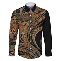 Hawaiian Hibiscus Tribal Vintage Motif Family Matching Off Shoulder Short Dress and Hawaiian Shirt Ver 8 LT9 Dad's Shirt - Long Sleeve Brown - Polynesian Pride