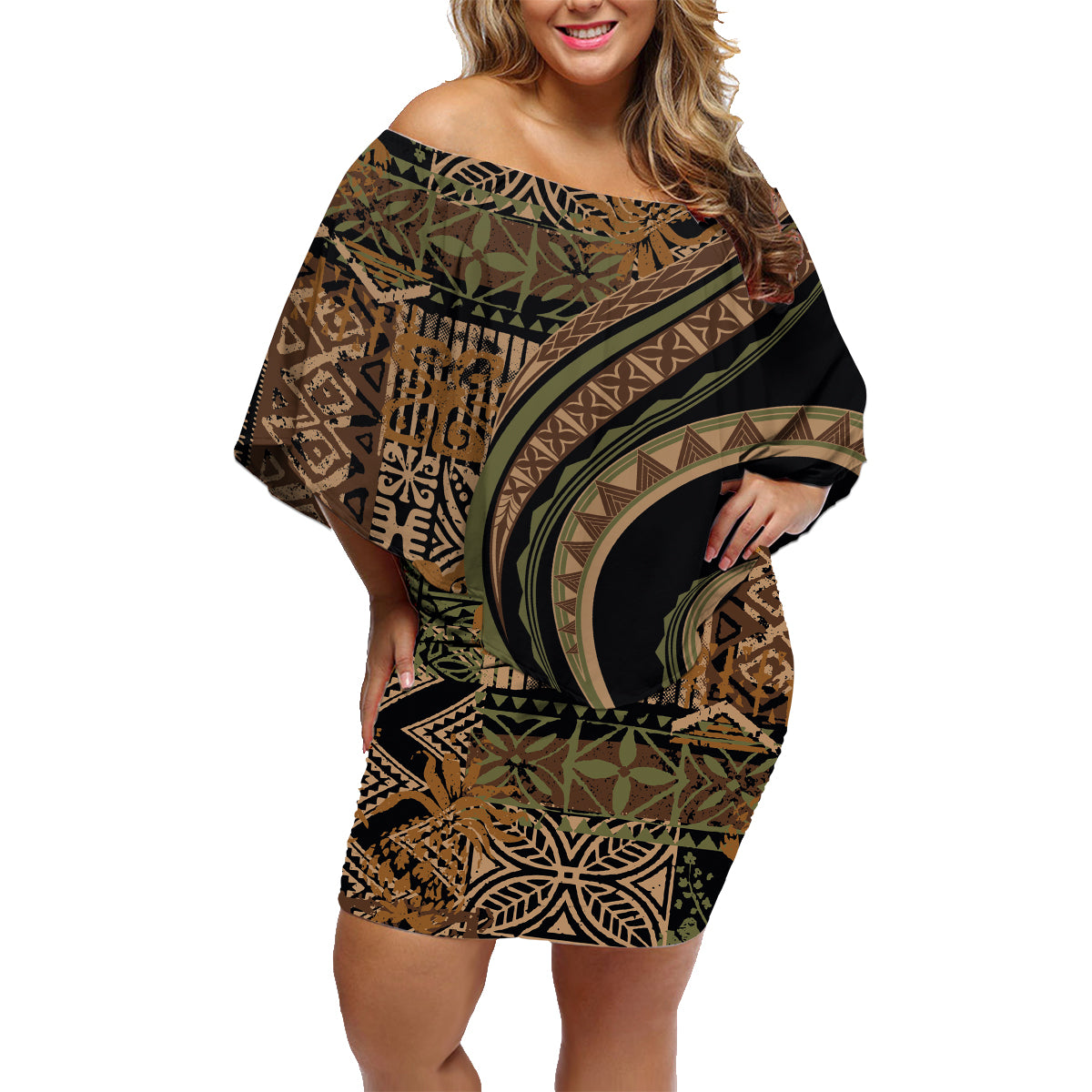 Hawaiian Hibiscus Tribal Vintage Motif Family Matching Off Shoulder Short Dress and Hawaiian Shirt Ver 8 LT9 Mom's Dress Brown - Polynesian Pride
