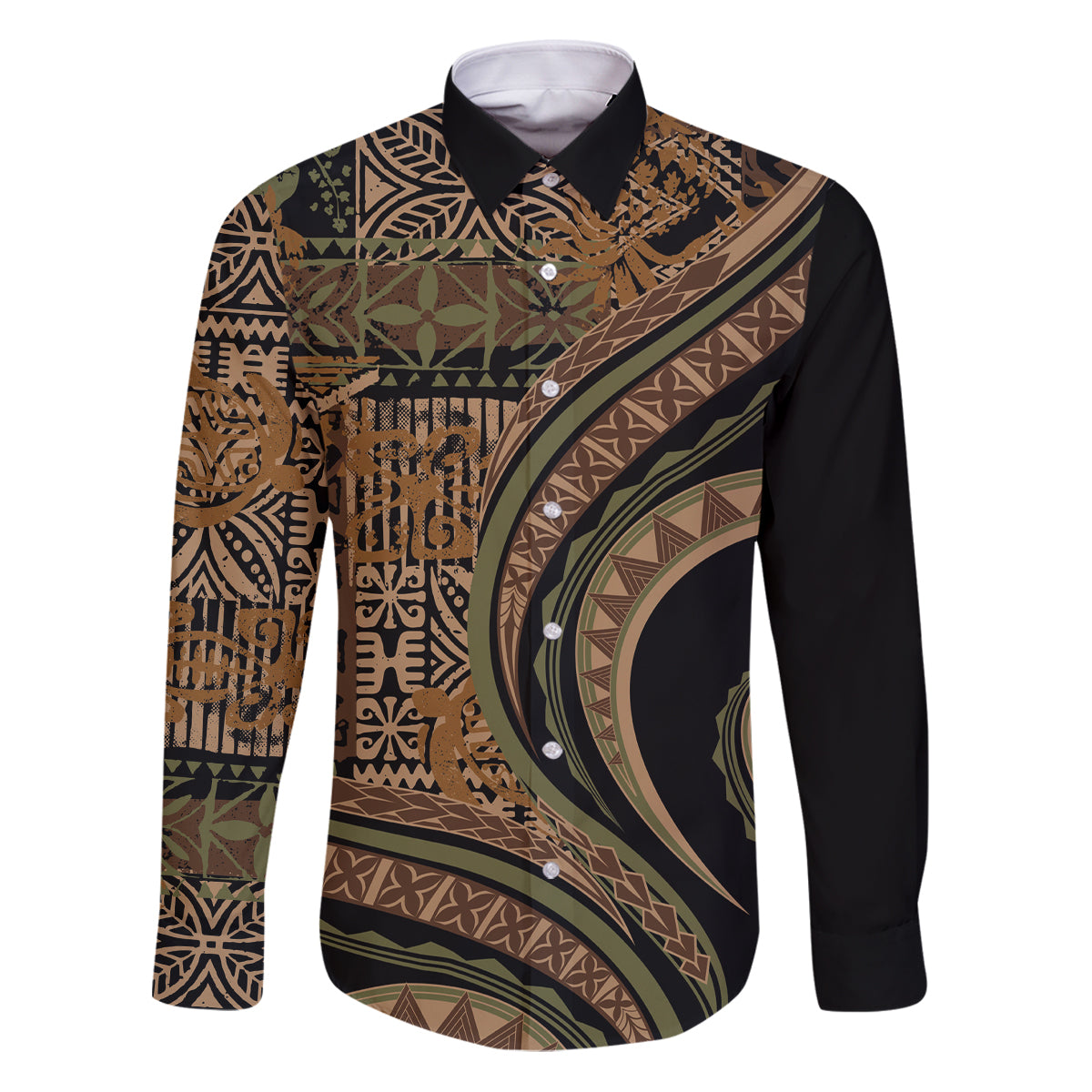 Hawaiian Hibiscus Tribal Vintage Motif Family Matching Puletasi and Hawaiian Shirt Ver 8 LT9 Dad's Shirt - Long Sleeve Brown - Polynesian Pride