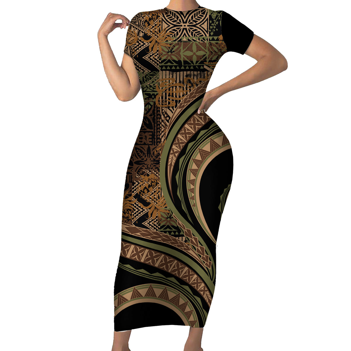 Hawaiian Hibiscus Tribal Vintage Motif Family Matching Short Sleeve Bodycon Dress and Hawaiian Shirt Ver 8 LT9 Mom's Dress Brown - Polynesian Pride
