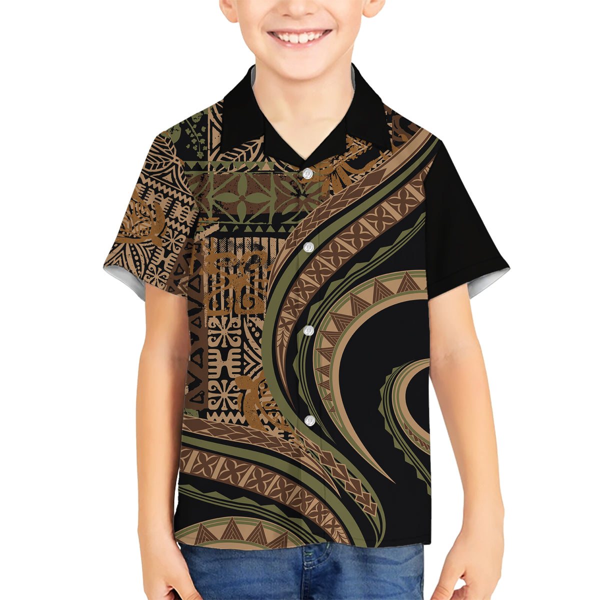 Hawaiian Hibiscus Tribal Vintage Motif Family Matching Short Sleeve Bodycon Dress and Hawaiian Shirt Ver 8 LT9 Son's Shirt Brown - Polynesian Pride
