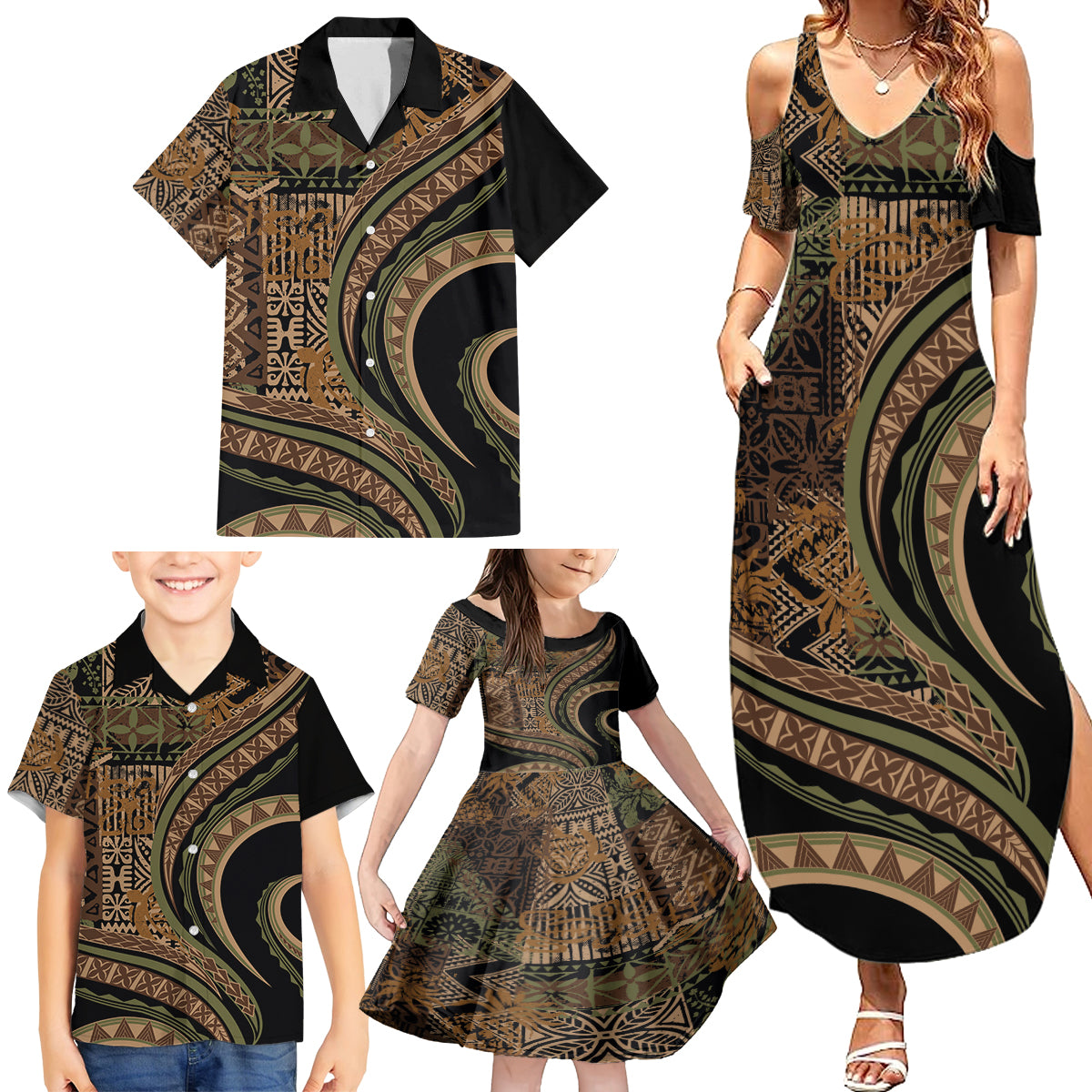 Hawaiian Hibiscus Tribal Vintage Motif Family Matching Summer Maxi Dress and Hawaiian Shirt Ver 8 LT9 - Polynesian Pride