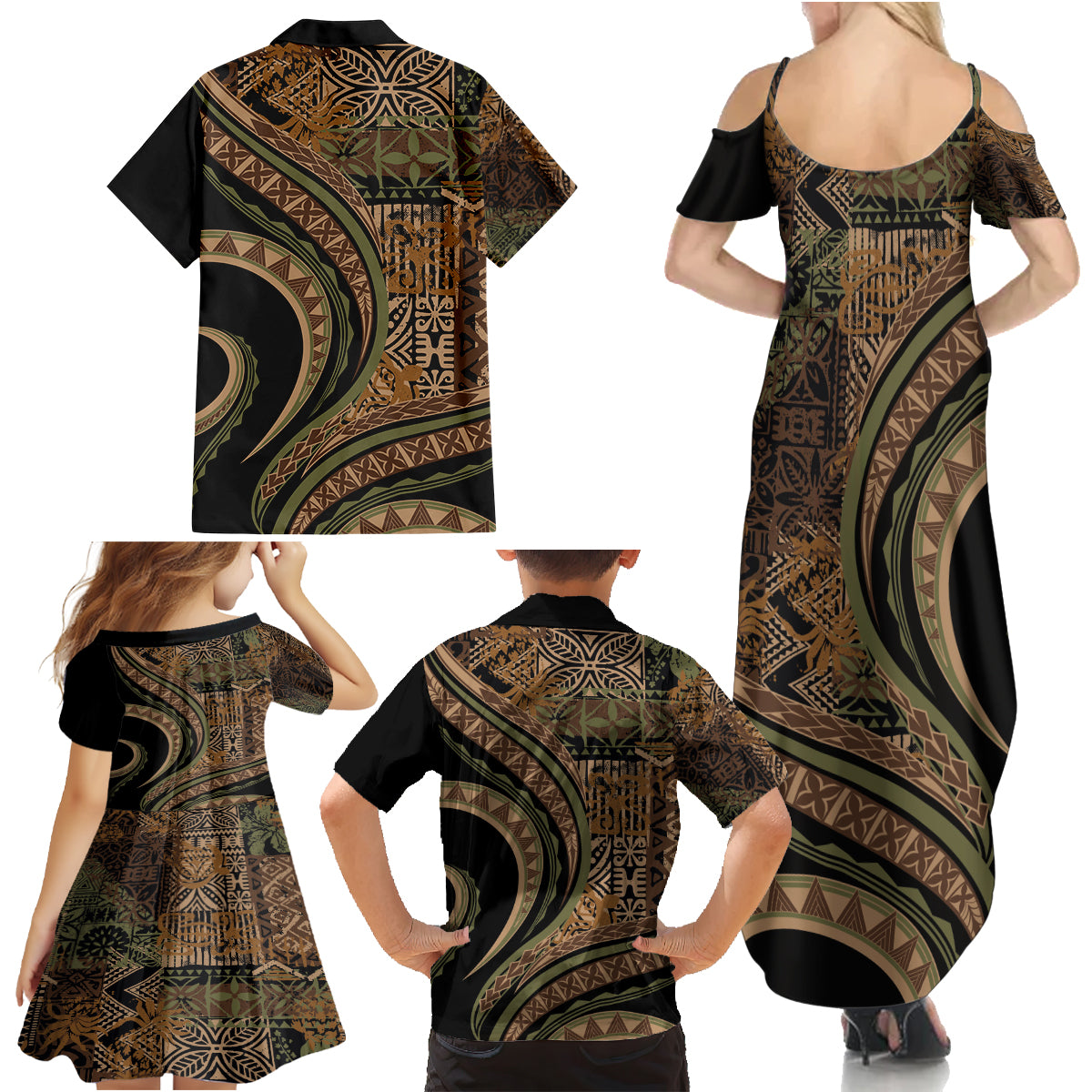 Hawaiian Hibiscus Tribal Vintage Motif Family Matching Summer Maxi Dress and Hawaiian Shirt Ver 8 LT9 - Polynesian Pride