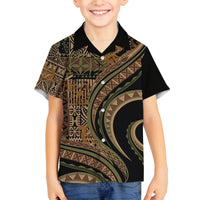 Hawaiian Hibiscus Tribal Vintage Motif Family Matching Summer Maxi Dress and Hawaiian Shirt Ver 8 LT9 Son's Shirt Brown - Polynesian Pride