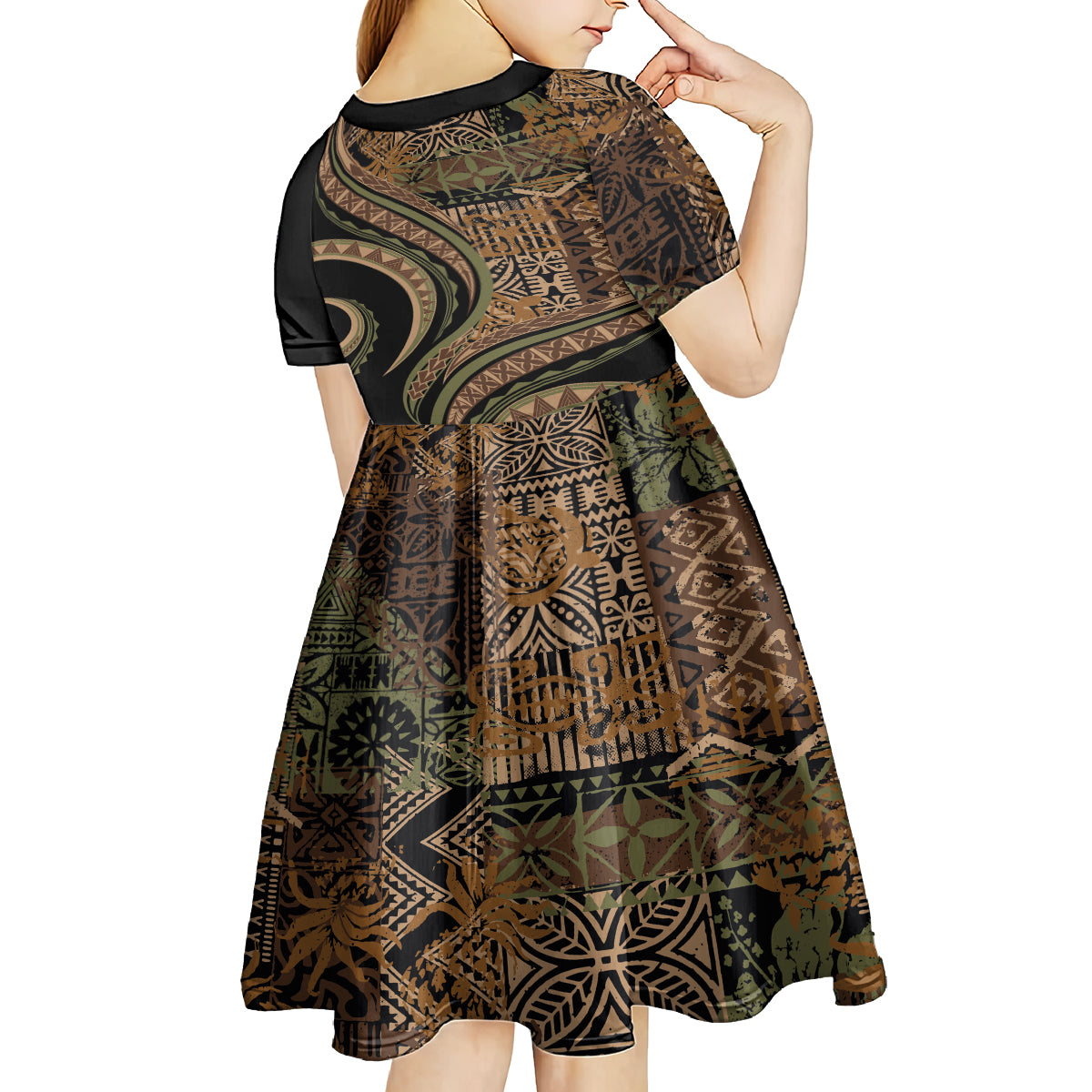 Hawaiian Hibiscus Tribal Vintage Motif Kid Short Sleeve Dress Ver 8 LT9 - Polynesian Pride