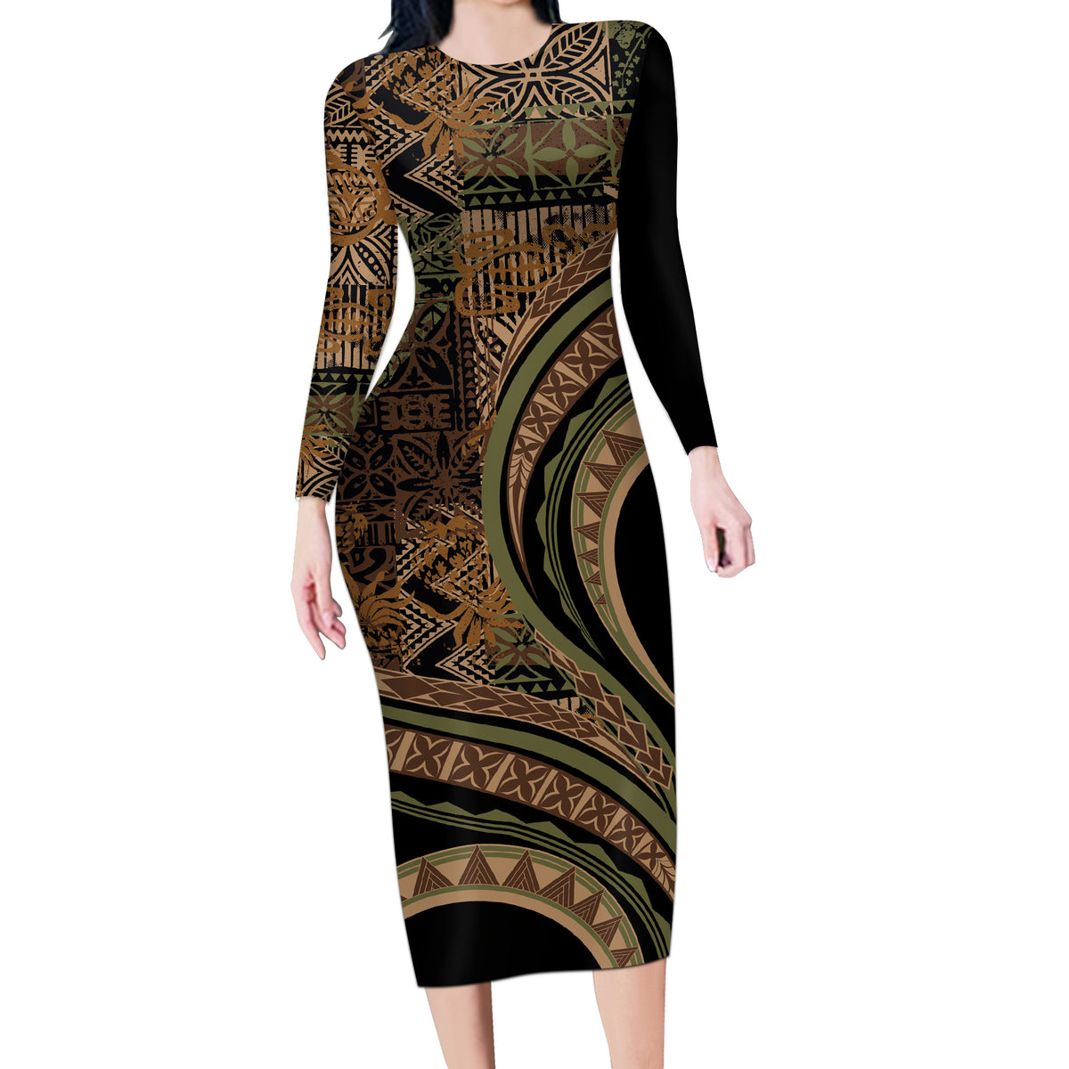 Hawaiian Hibiscus Tribal Vintage Motif Long Sleeve Bodycon Dress Ver 8 LT9 Long Dress Brown - Polynesian Pride