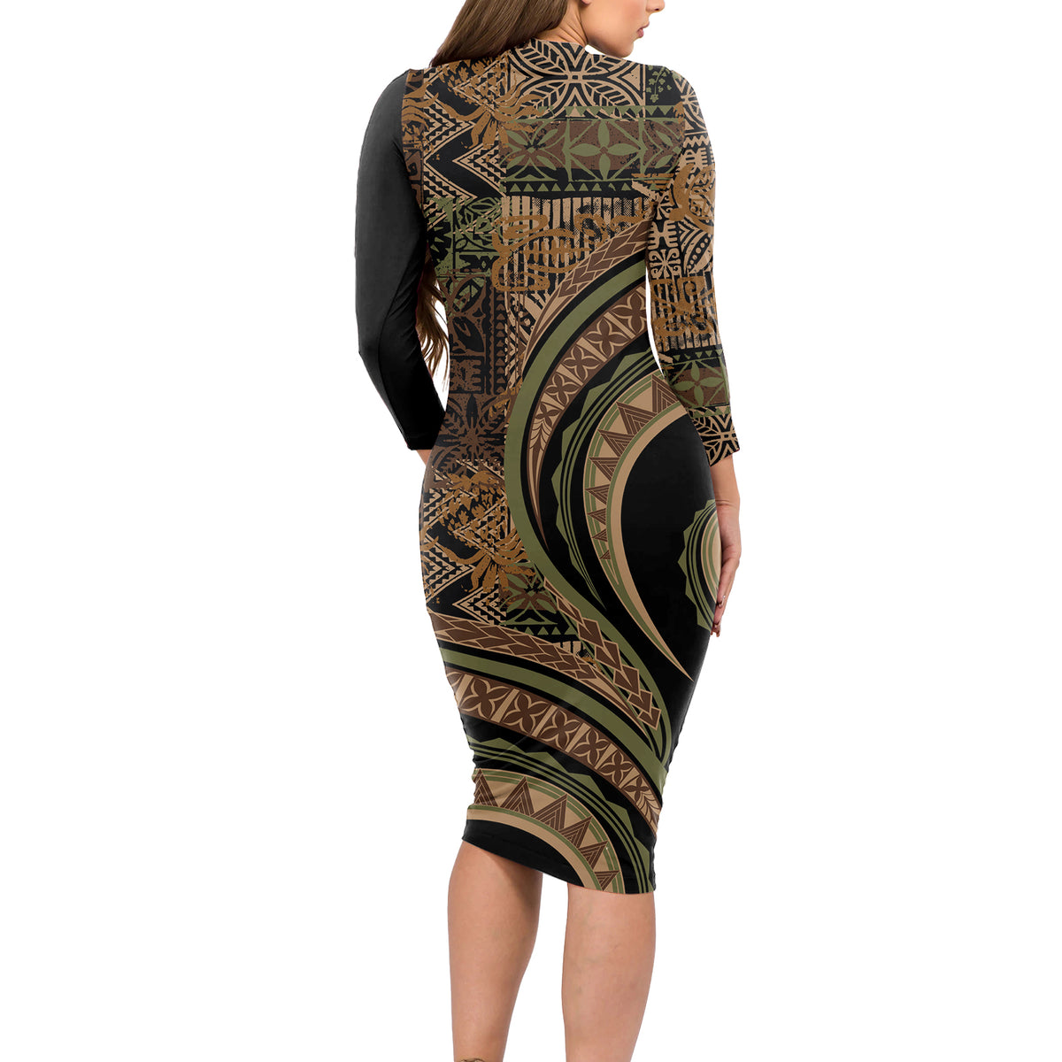 Hawaiian Hibiscus Tribal Vintage Motif Long Sleeve Bodycon Dress Ver 8 LT9 - Polynesian Pride