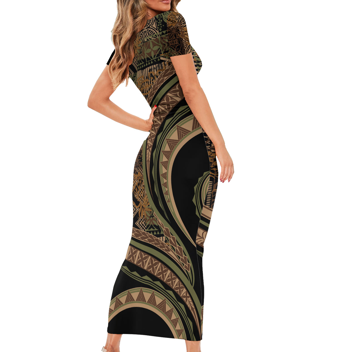 Hawaiian Hibiscus Tribal Vintage Motif Short Sleeve Bodycon Dress Ver 8 LT9 - Polynesian Pride