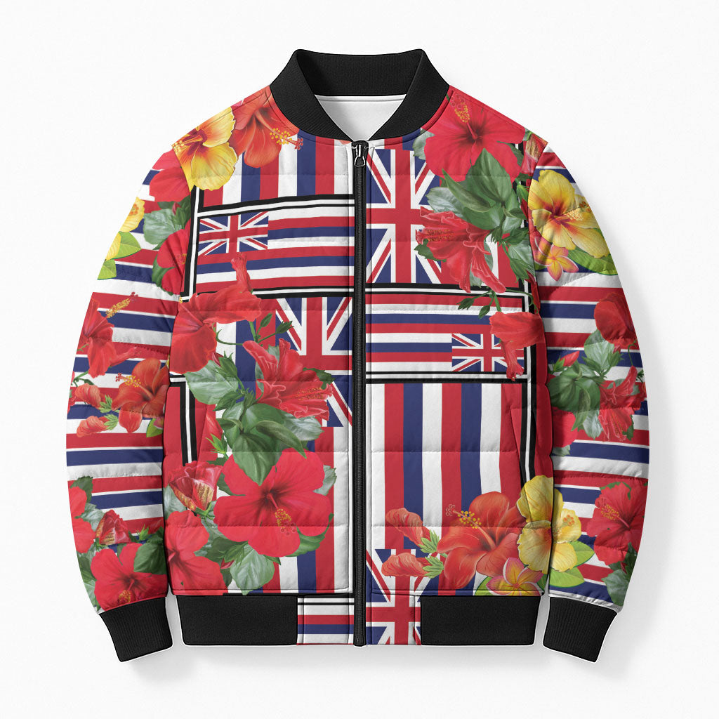 Hawaii Hibiscus Lei Bomber Puffer Jacket Hawaiian Flag Motif