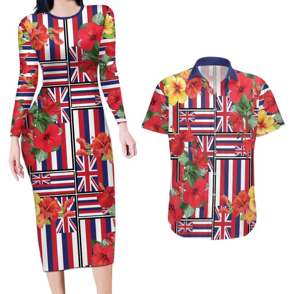 Hawaii Hibiscus Lei Couples Matching Long Sleeve Bodycon Dress and Hawaiian Shirt Hawaiian Flag Motif LT9 Red - Polynesian Pride