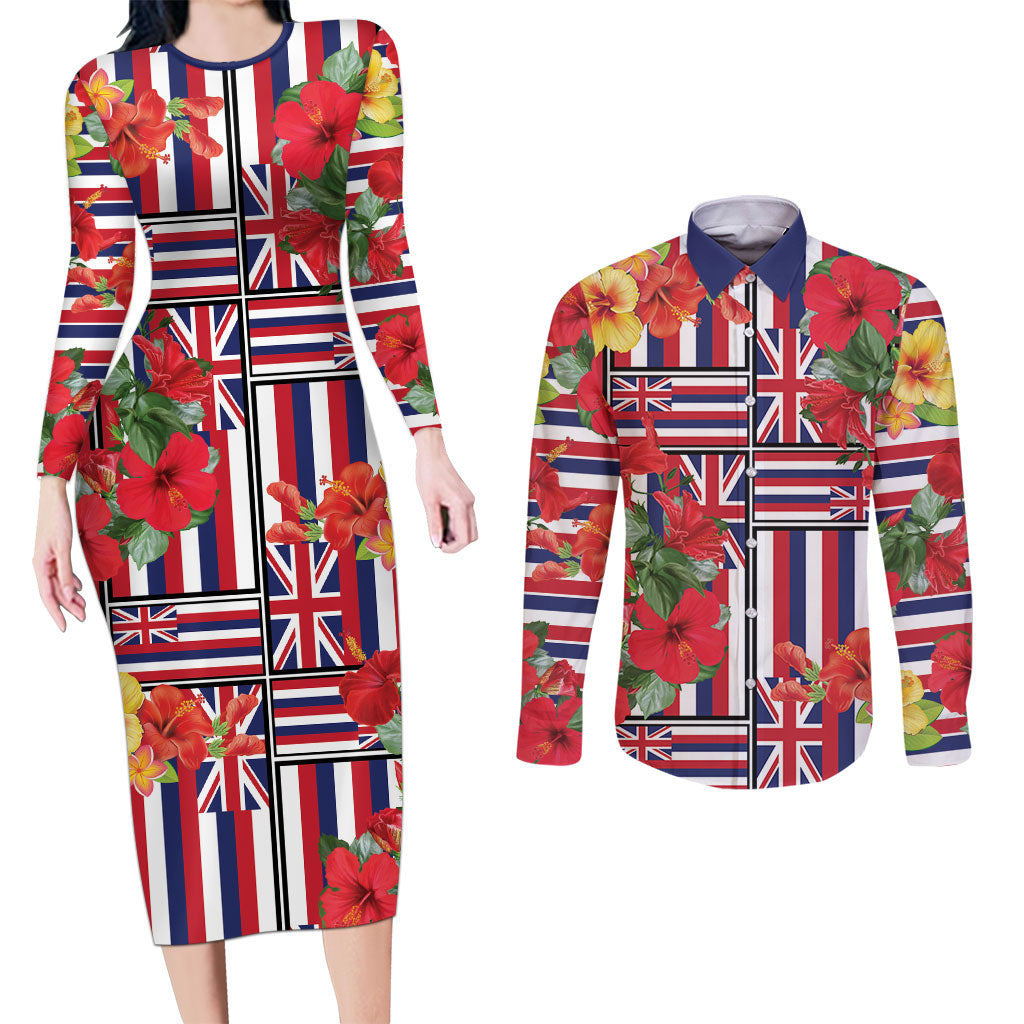 Hawaii Hibiscus Lei Couples Matching Long Sleeve Bodycon Dress and Long Sleeve Button Shirt Hawaiian Flag Motif