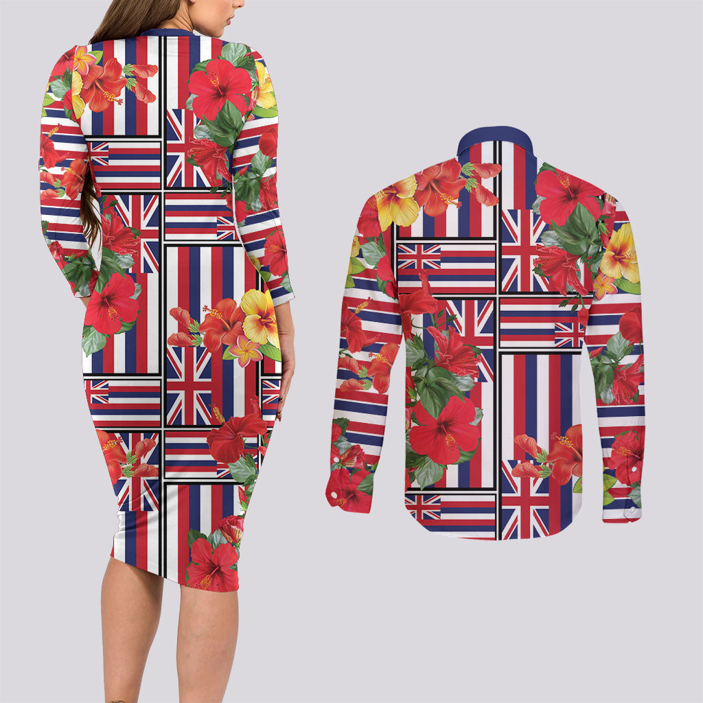 Hawaii Hibiscus Lei Couples Matching Long Sleeve Bodycon Dress and Long Sleeve Button Shirt Hawaiian Flag Motif LT9 - Polynesian Pride
