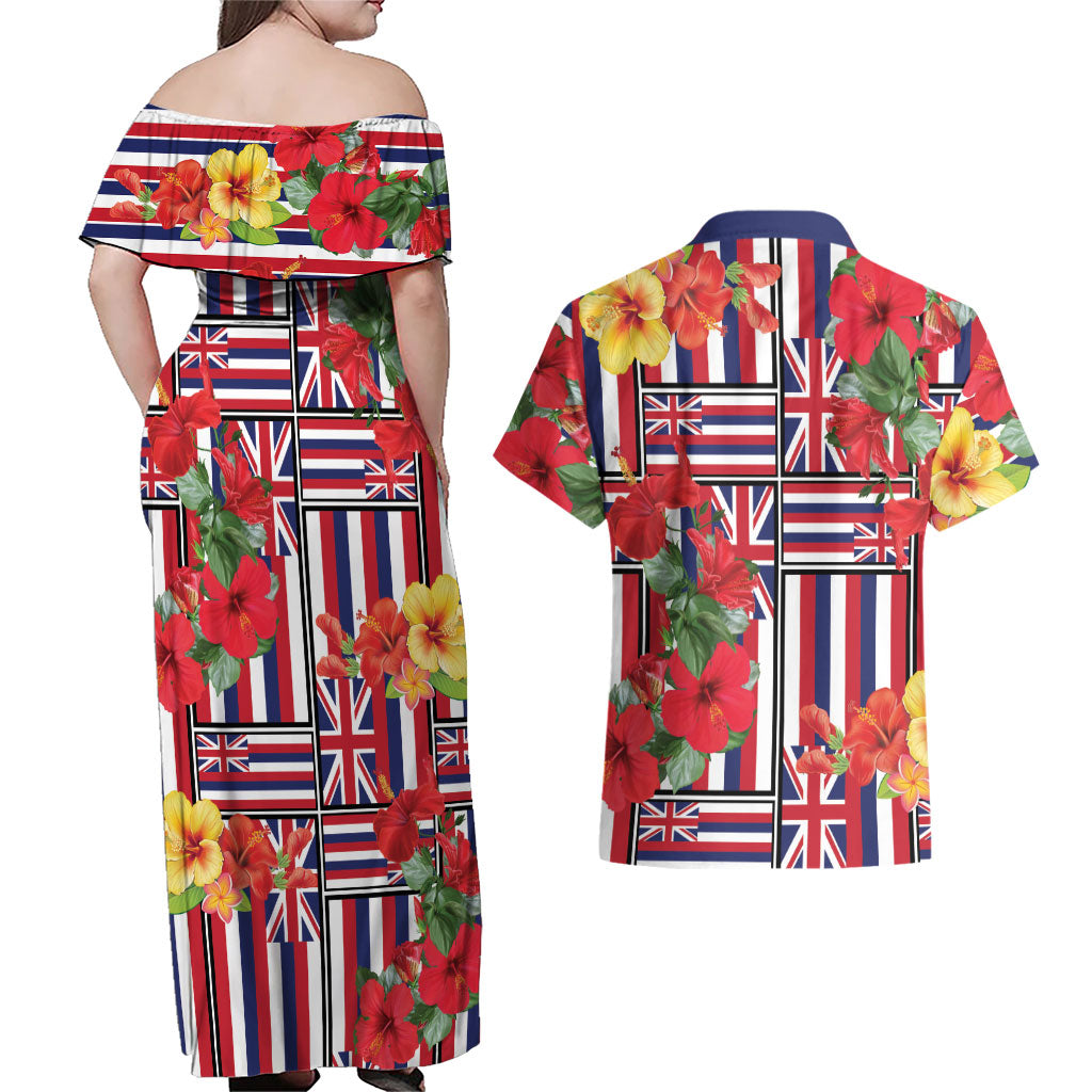 Hawaii Hibiscus Lei Couples Matching Off Shoulder Maxi Dress and Hawaiian Shirt Hawaiian Flag Motif LT9 - Polynesian Pride