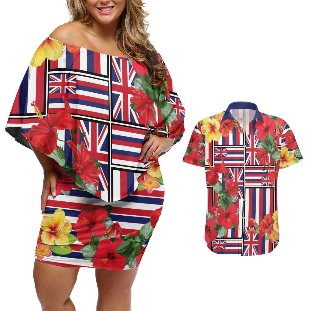Hawaii Hibiscus Lei Couples Matching Off Shoulder Short Dress and Hawaiian Shirt Hawaiian Flag Motif LT9 Red - Polynesian Pride