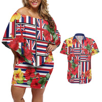 Hawaii Hibiscus Lei Couples Matching Off Shoulder Short Dress and Hawaiian Shirt Hawaiian Flag Motif LT9 Red - Polynesian Pride