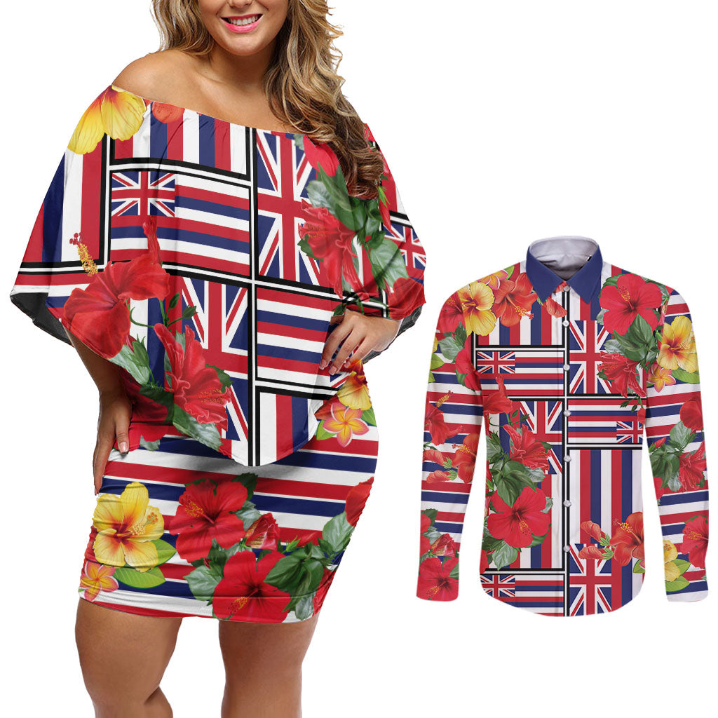 Hawaii Hibiscus Lei Couples Matching Off Shoulder Short Dress and Long Sleeve Button Shirt Hawaiian Flag Motif LT9 Red - Polynesian Pride