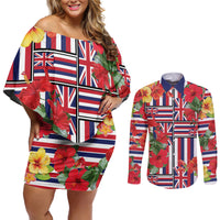 Hawaii Hibiscus Lei Couples Matching Off Shoulder Short Dress and Long Sleeve Button Shirt Hawaiian Flag Motif LT9 Red - Polynesian Pride