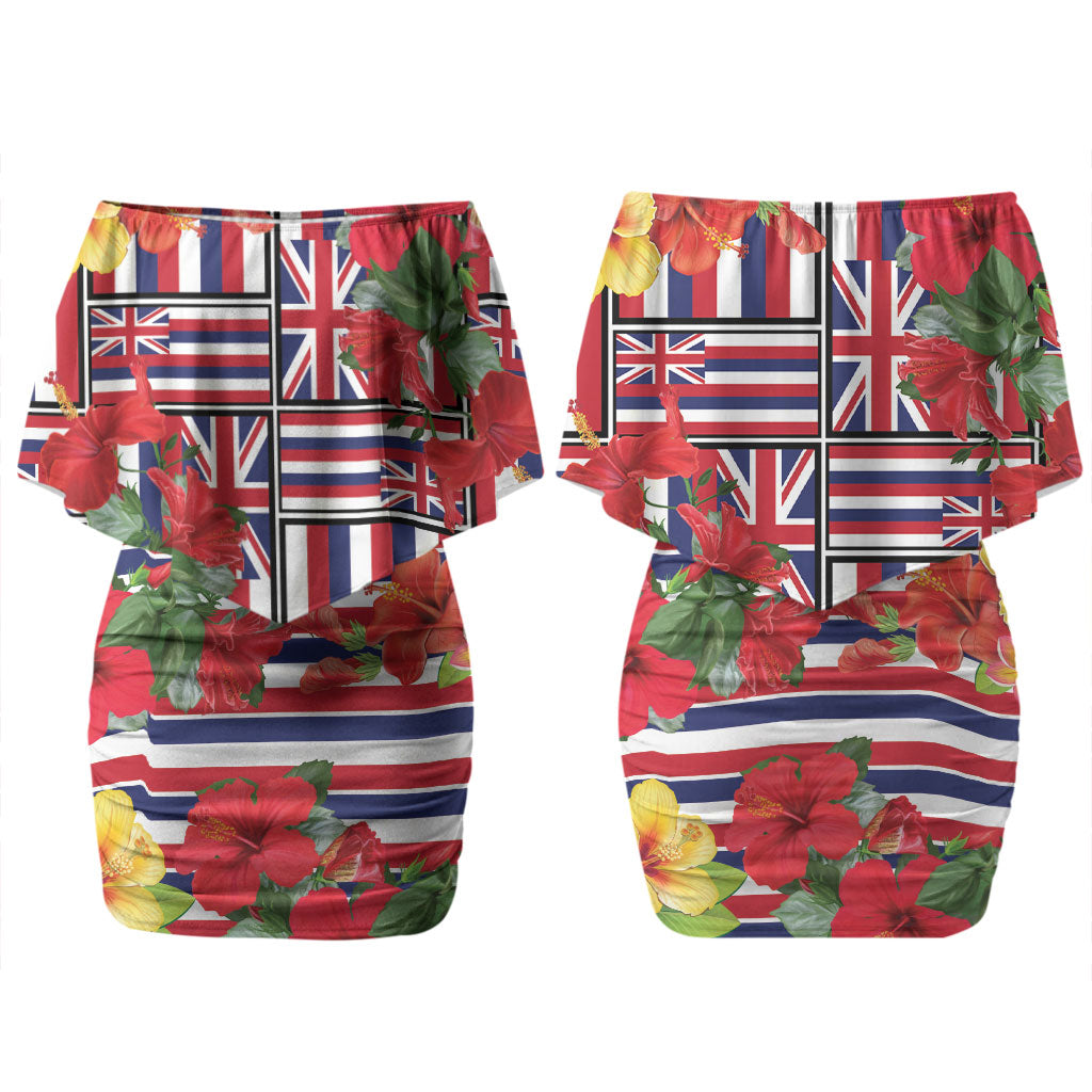 Hawaii Hibiscus Lei Couples Matching Off Shoulder Short Dress and Long Sleeve Button Shirt Hawaiian Flag Motif LT9 - Polynesian Pride