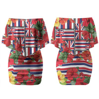 Hawaii Hibiscus Lei Couples Matching Off Shoulder Short Dress and Long Sleeve Button Shirt Hawaiian Flag Motif LT9 - Polynesian Pride