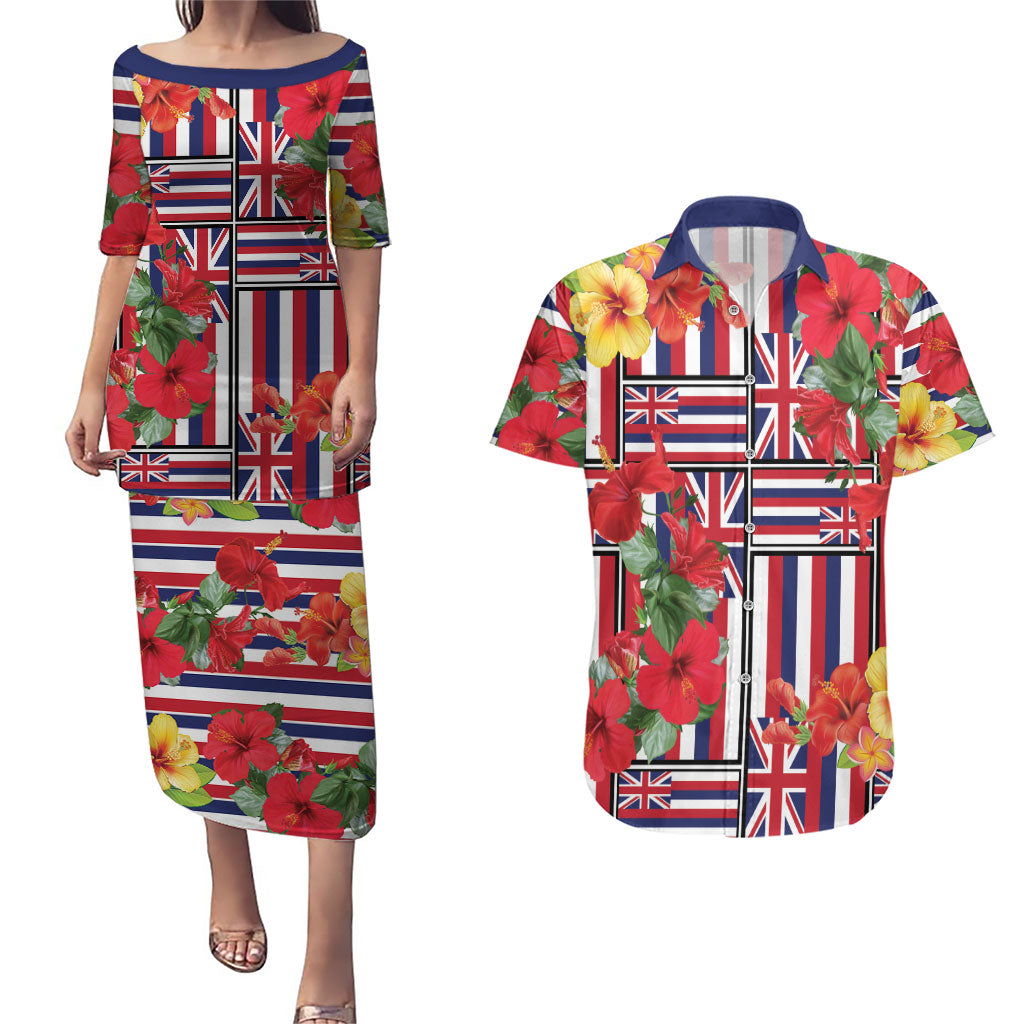 Hawaii Hibiscus Lei Couples Matching Puletasi and Hawaiian Shirt Hawaiian Flag Motif LT9 Red - Polynesian Pride