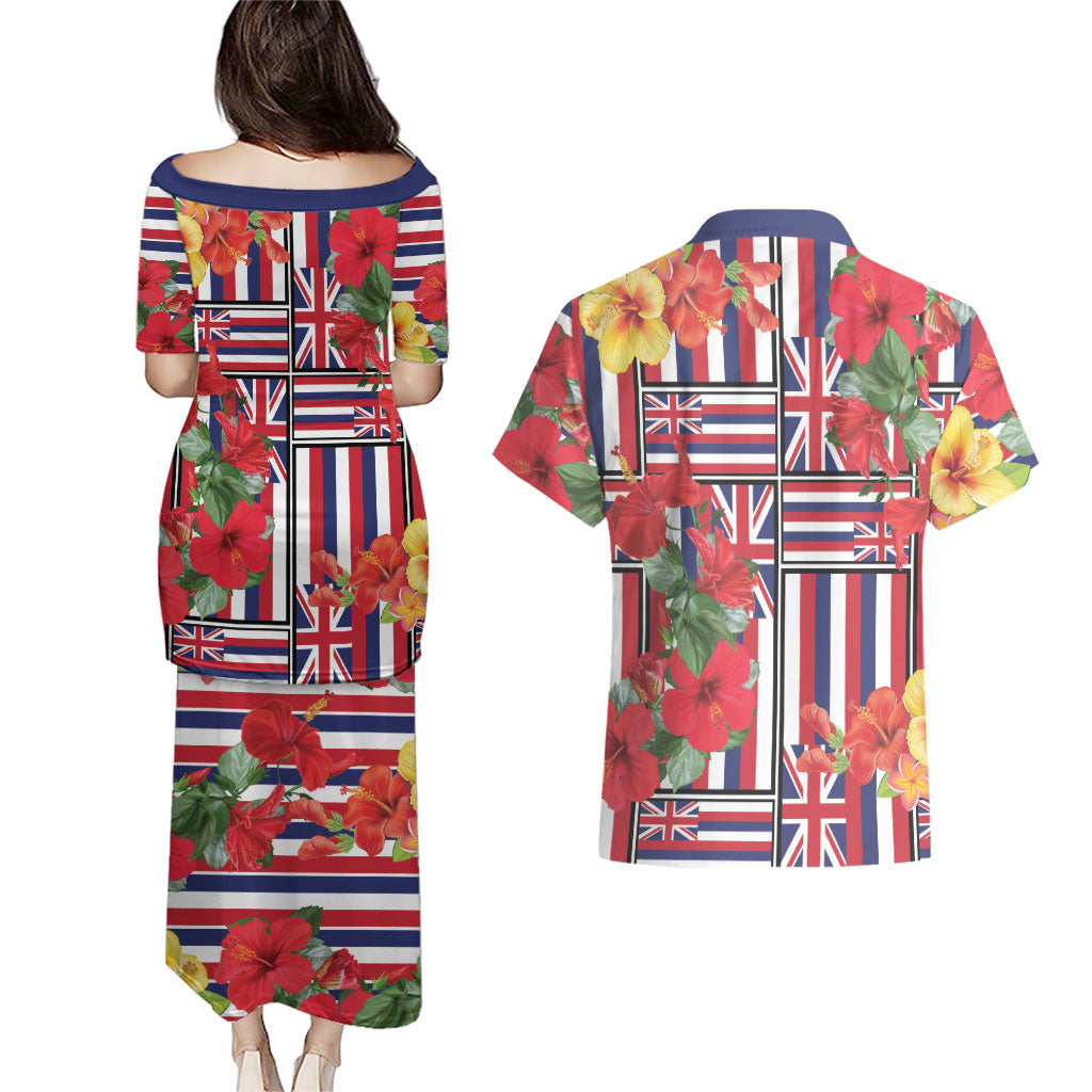 Hawaii Hibiscus Lei Couples Matching Puletasi and Hawaiian Shirt Hawaiian Flag Motif LT9 - Polynesian Pride