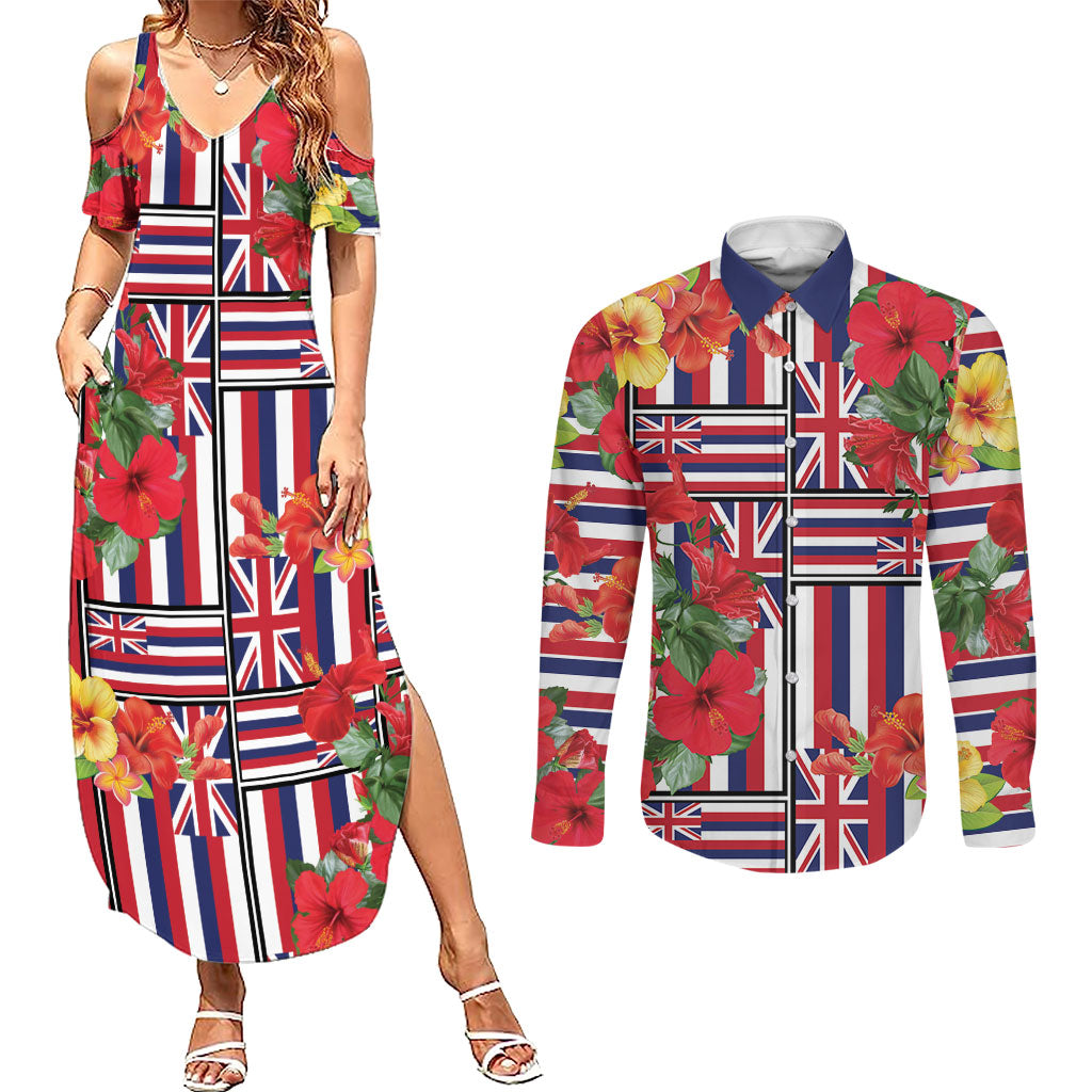 Hawaii Hibiscus Lei Couples Matching Summer Maxi Dress and Long Sleeve Button Shirt Hawaiian Flag Motif LT9 Red - Polynesian Pride