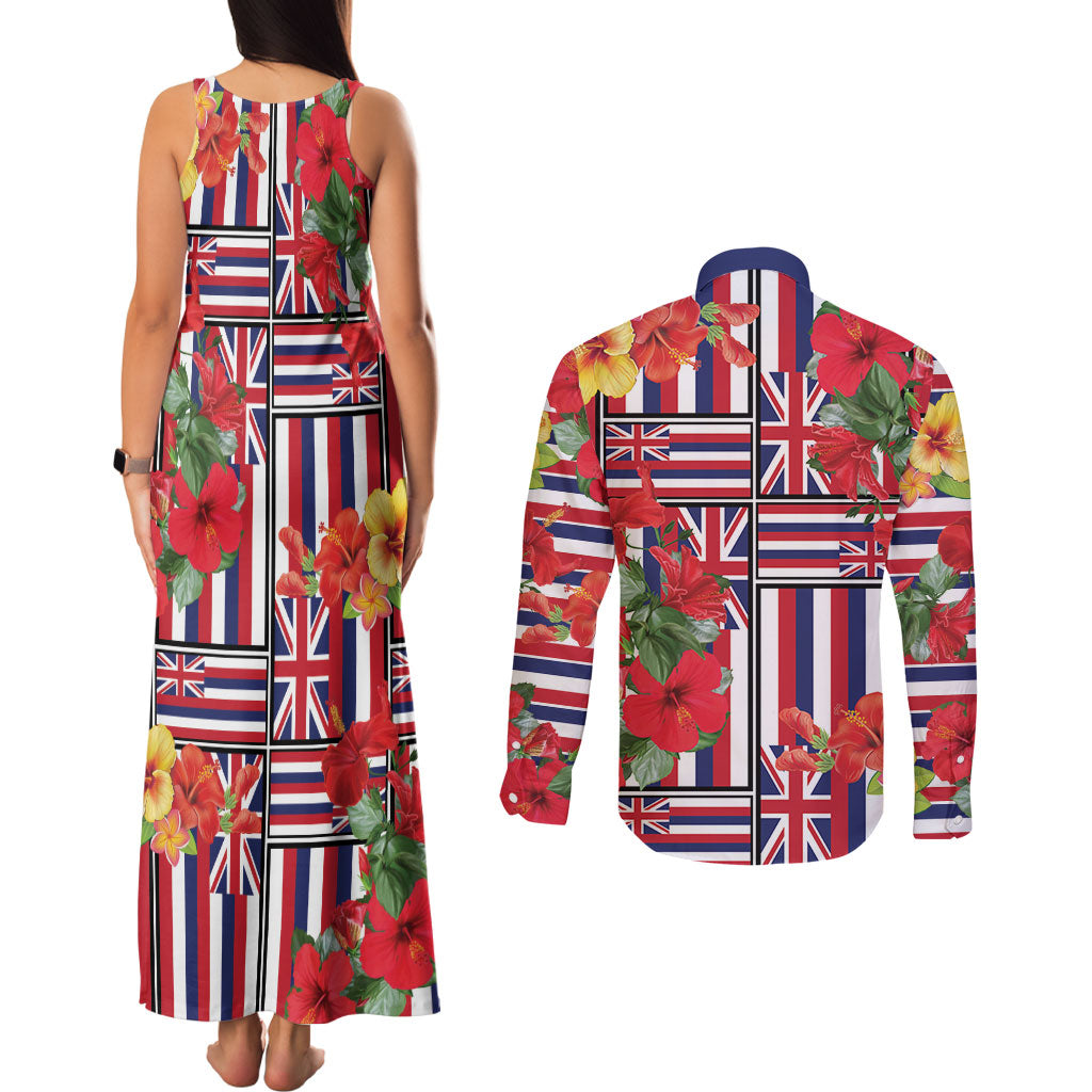 Hawaii Hibiscus Lei Couples Matching Tank Maxi Dress and Long Sleeve Button Shirt Hawaiian Flag Motif LT9 - Polynesian Pride