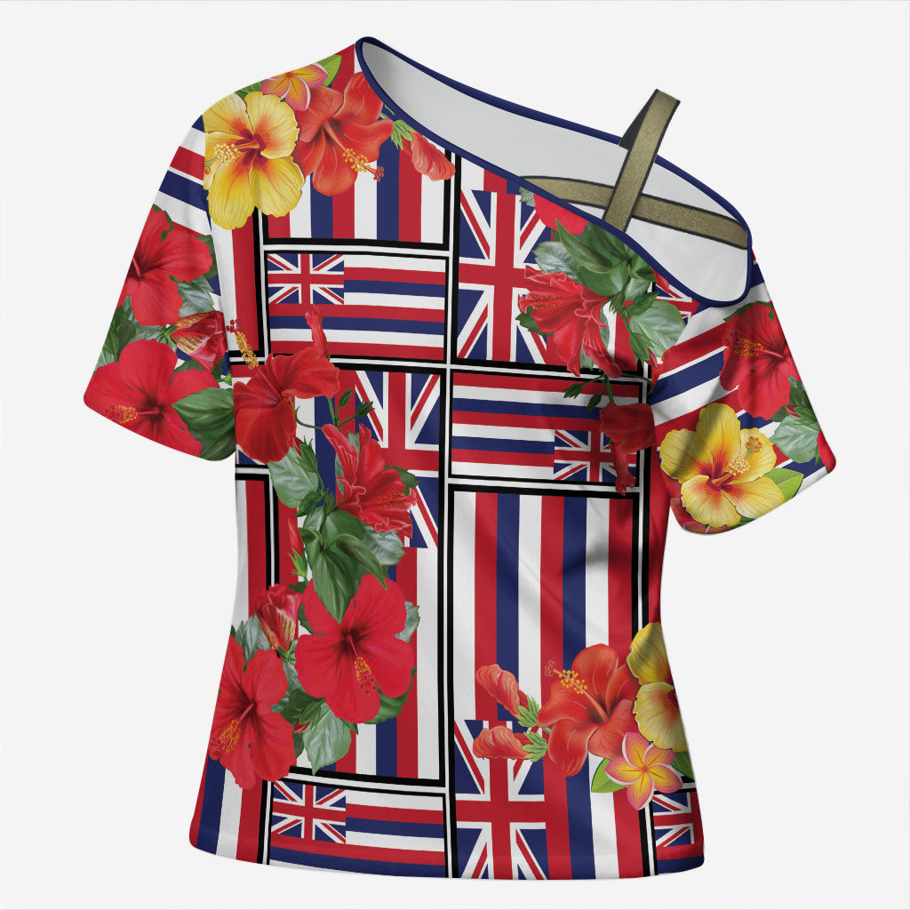 Hawaii Hibiscus Lei Cross Shoulder Shirt Hawaiian Flag Motif LT9 Female Red - Polynesian Pride