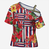 Hawaii Hibiscus Lei Cross Shoulder Shirt Hawaiian Flag Motif LT9 Female Red - Polynesian Pride