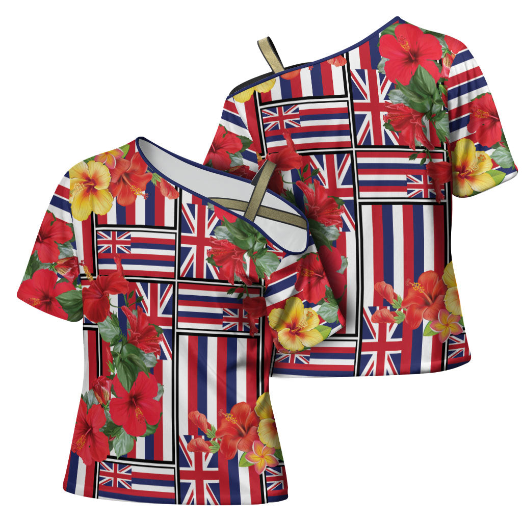 Hawaii Hibiscus Lei Cross Shoulder Shirt Hawaiian Flag Motif LT9 - Polynesian Pride
